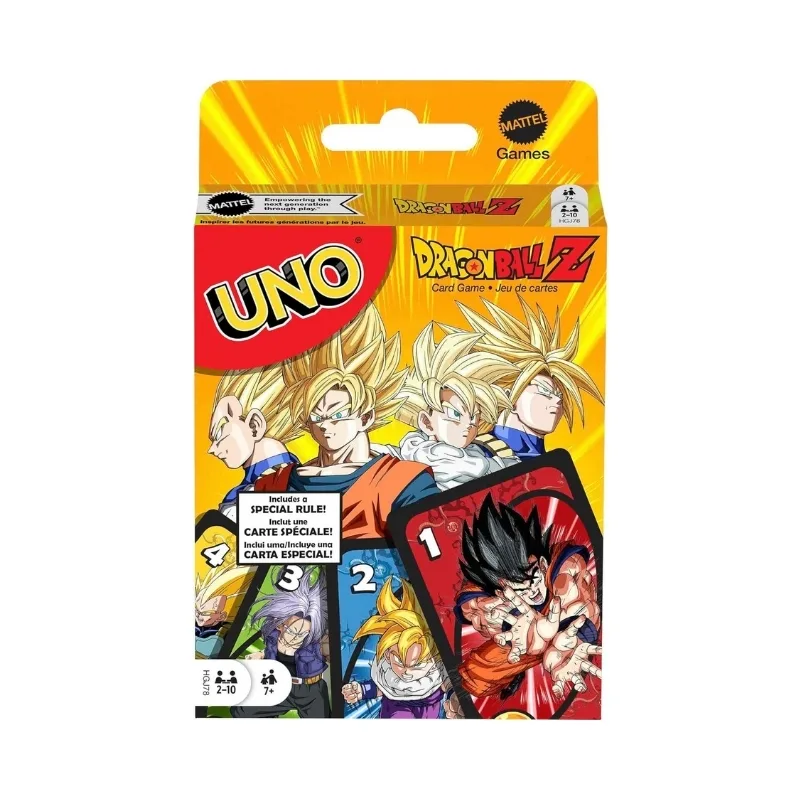 A colorful deck of UNO cards featuring Dragon Ball characters, showcasing vibrant artwork and game instructions.
