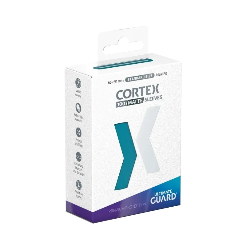 Matte petrol-colored Ultimate Guard Cortex sleeves for standard cards, pack of 100, designed for protection and durability.