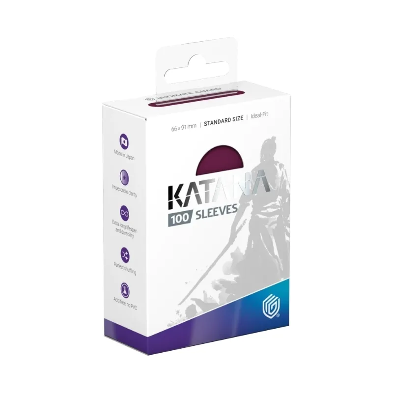 A pack of 100 Ultimate Guard Katana sleeves in radiant plum color, designed for standard-sized cards