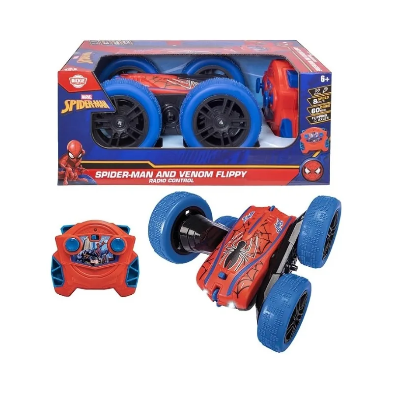 Remote control stunt car featuring Spider-Man and Venom designs, capable of performing 360-degree flips