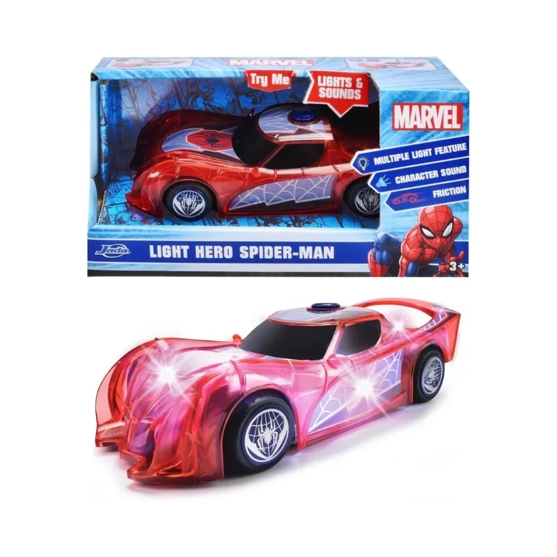 Spider-Man friction racing car, 15cm, features LED lights and sound effects for an engaging play experience.
