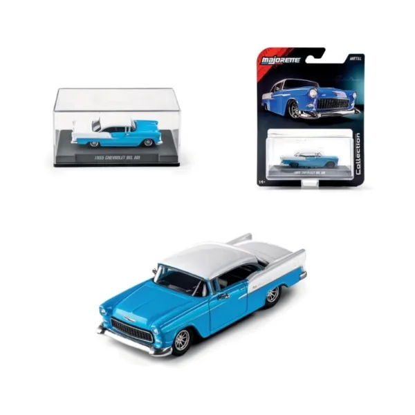Majorette Collection Series 1:64 1955 Chevrolet Bel Air Die-Cast Car – Blue & White Classic with Acrylic Display Case