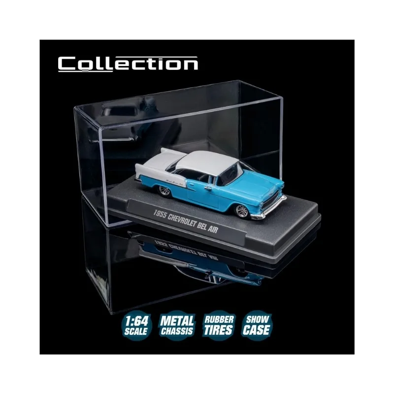 Majorette Collection Series 1:64 1955 Chevrolet Bel Air Die-Cast Car – Blue & White Classic with Acrylic Display Case - Image 5