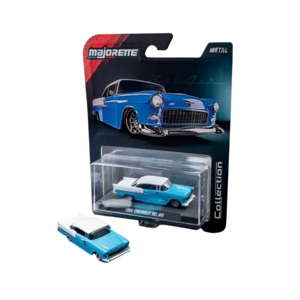 Majorette Collection Series 1:64 1955 Chevrolet Bel Air Die-Cast Car – Blue & White Classic with Acrylic Display Case