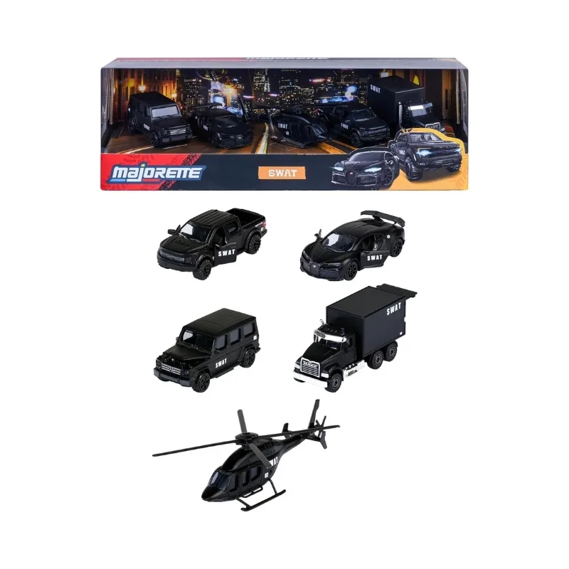 Five-piece die-cast vehicle gift pack featuring Majorette SWAT action vehicles in various designs and colors.