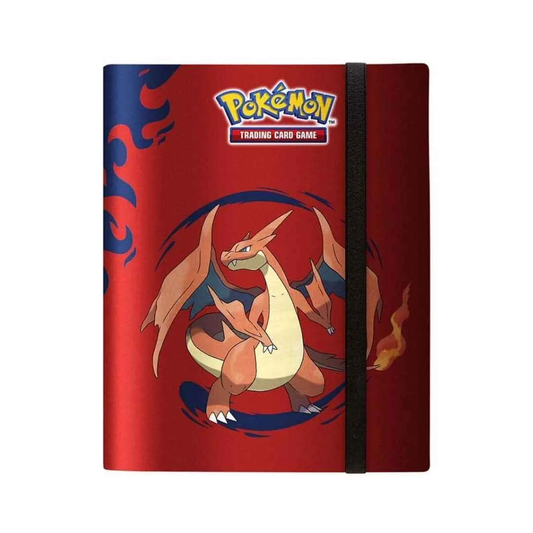 A 9-pocket pro-binder featuring Mega Charizard X and Y artwork, designed for organizing Pokémon cards.