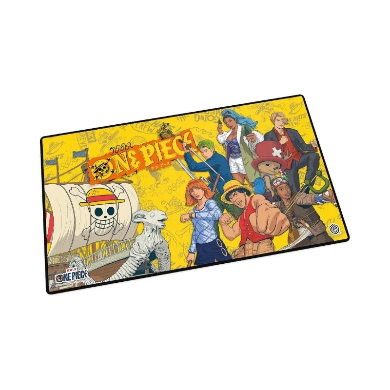 Playmat featuring the One Piece Straw Hat Crew, designed for card games, showcasing vibrant artwork and character details.