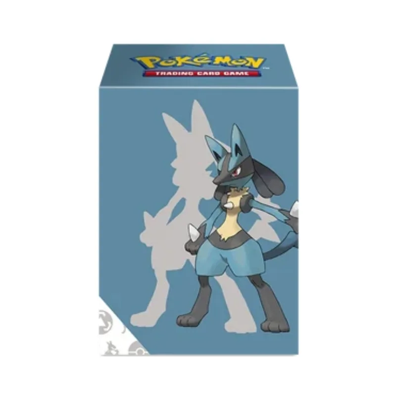 Full-view deck box featuring Lucario design for Pokémon TCG, showcasing vibrant artwork and durable construction