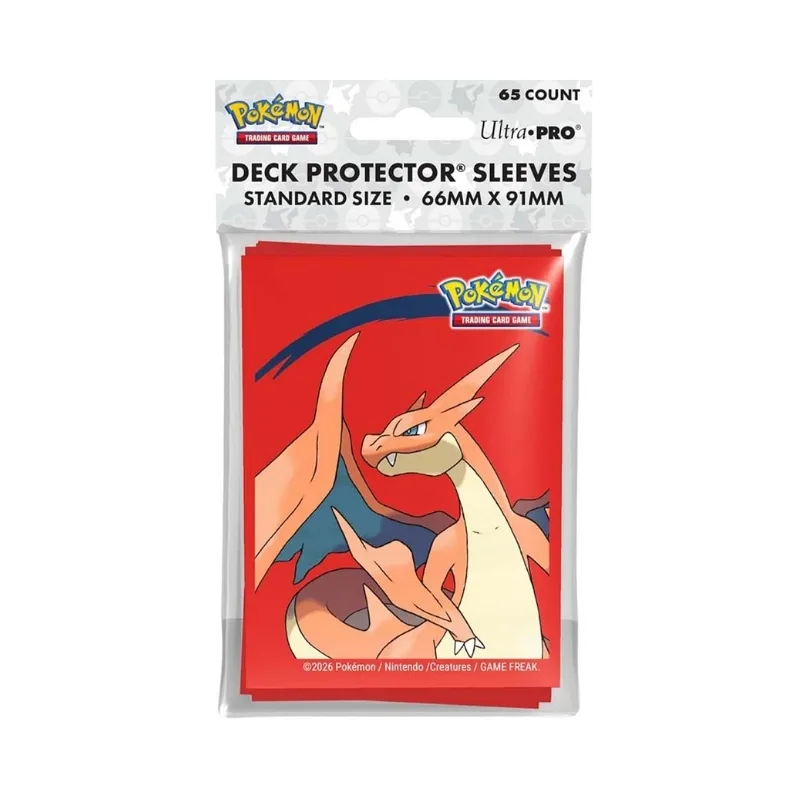 Deck protector sleeves featuring Mega Charizard Y from Pokémon, designed for card protection and showcasing vibrant artwork.