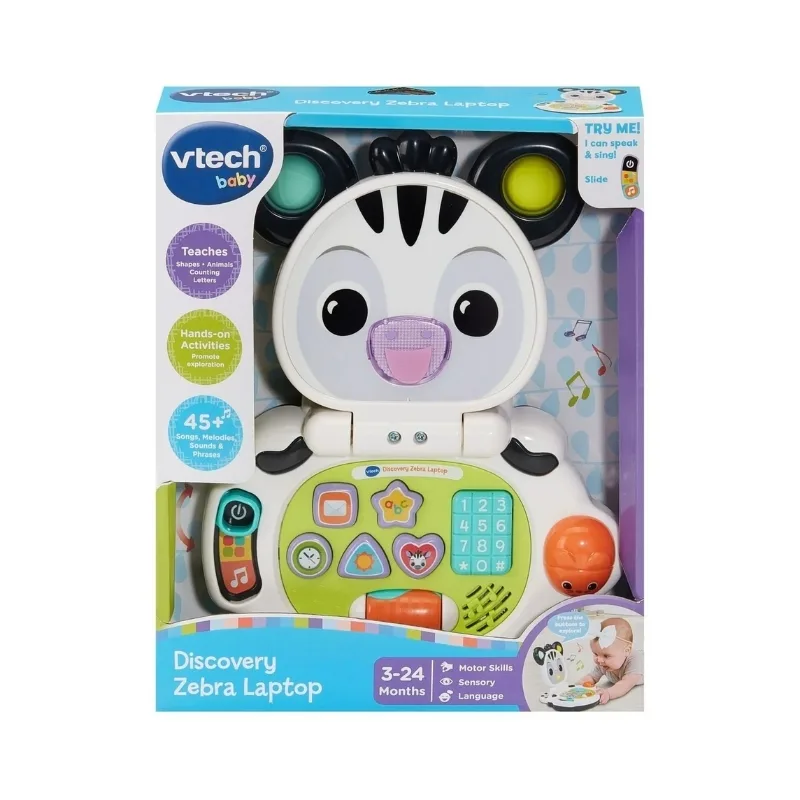 VTech Discovery Zebra Laptop, an interactive toy featuring lights, songs, and early learning activities for children