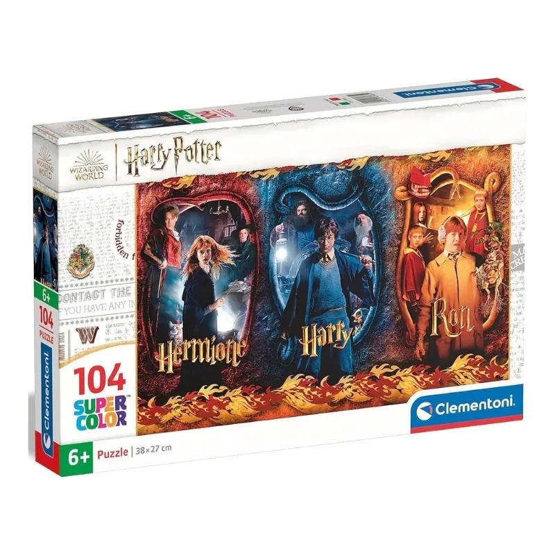 A 104-piece Clementoni puzzle featuring iconic Harry Potter imagery, suitable for fans and puzzle enthusiasts alike