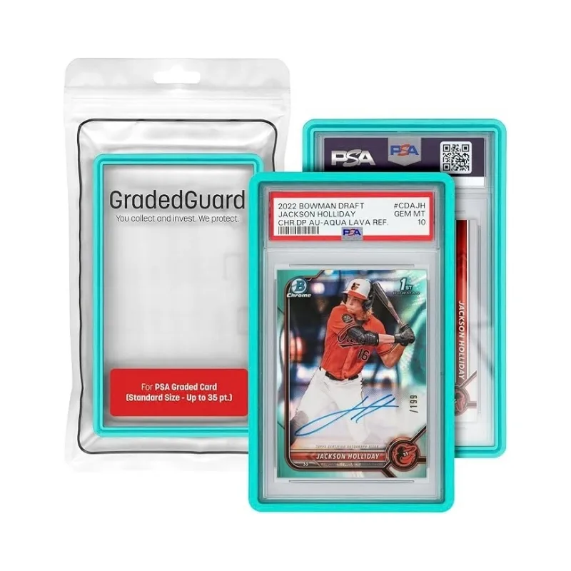 Mint green graded card guard in a PSA slab, designed for card protection and stackable storage for TCG accessories