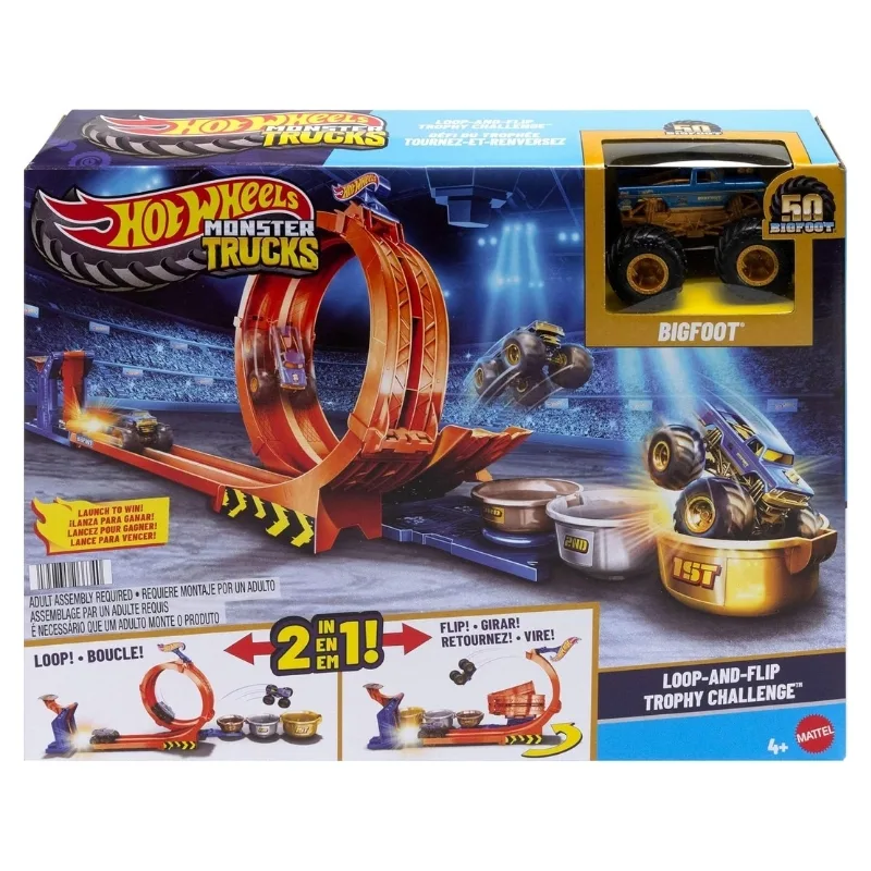 Hot Wheels Monster Trucks Loop-And-Flip Trophy Challenge Playset featuring Bigfoot, showcasing a vibrant racing scene.