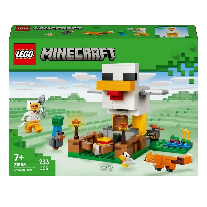 . LEGO Minecraft 21585 set featuring a chicken egg-laying coop and minifigures for creative building and play