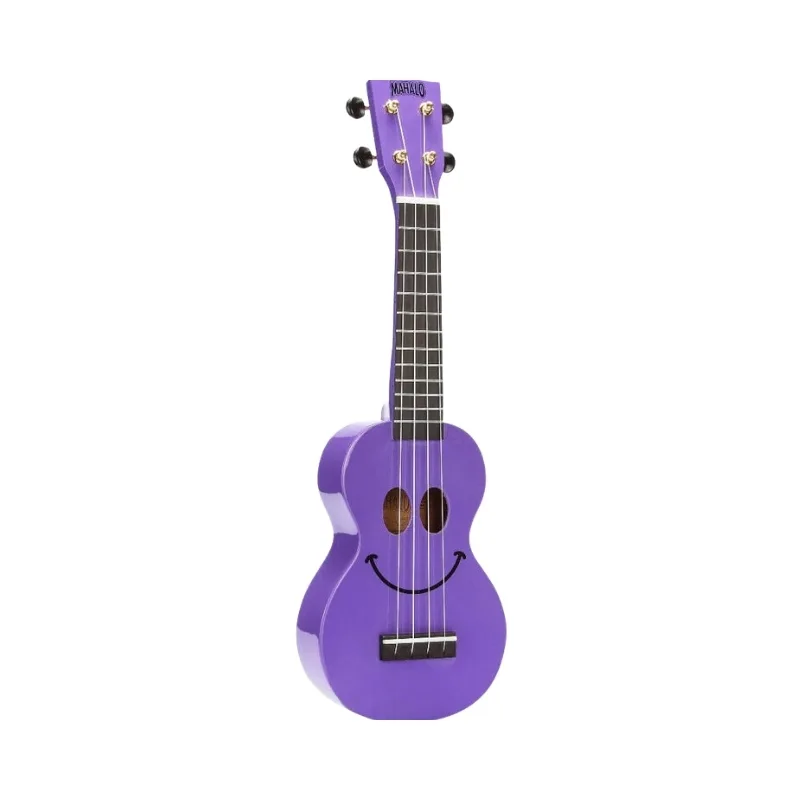 Purple Mahalo U-Smile Series soprano ukulele displayed with a matching bag, showcasing its vibrant color and design