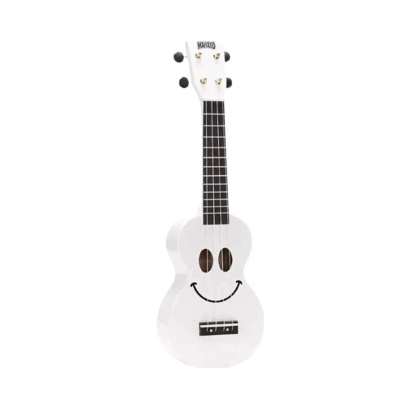 Mahalo U-Smile Series soprano ukulele in white, accompanied by a protective bag for storage and transport.