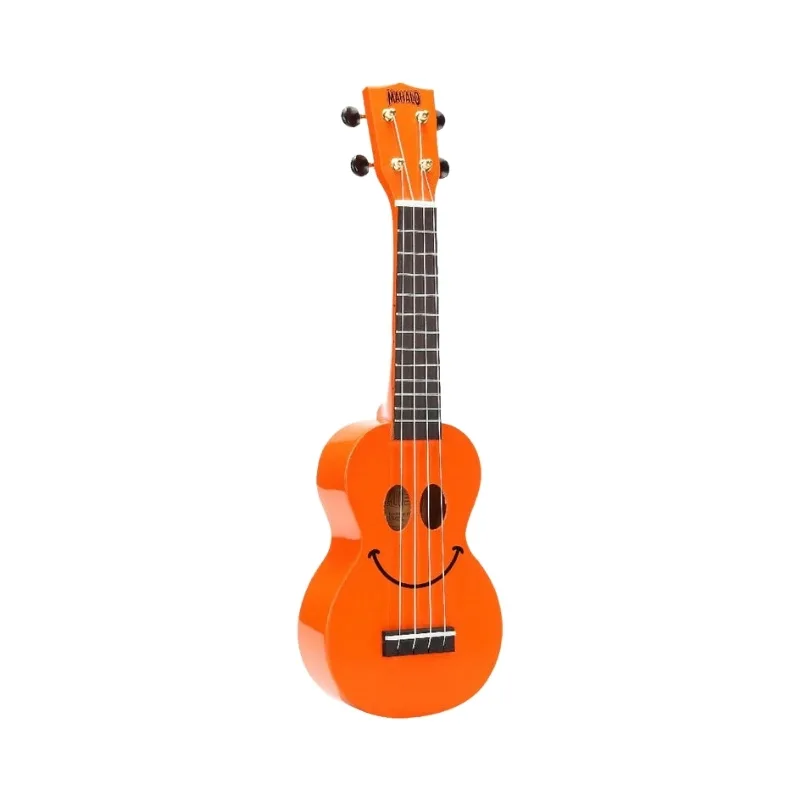 Mahalo Ukulele U-Smile Series Soprano in orange, accompanied by a protective bag for easy transport.