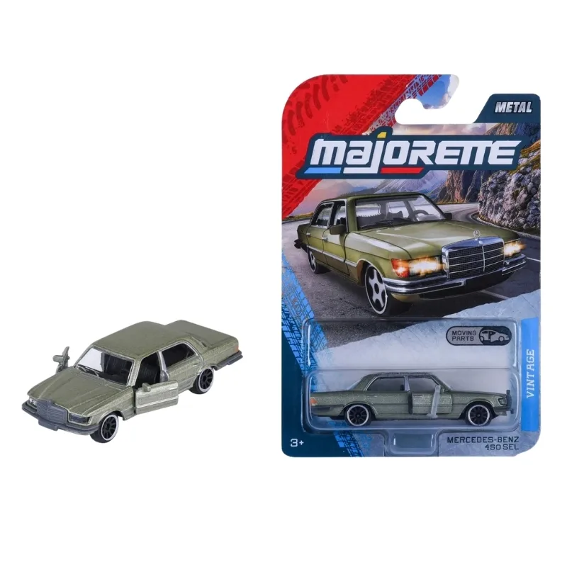 Green die-cast model of a vintage Mercedes-Benz 450 SEL, 1:64 scale, showcasing detailed design and craftsmanship