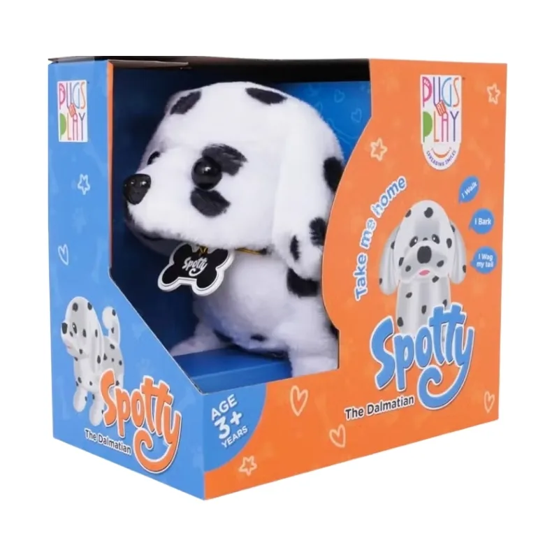 Battery-operated toy pugs playfully walking, showcasing their spotty design and interactive features