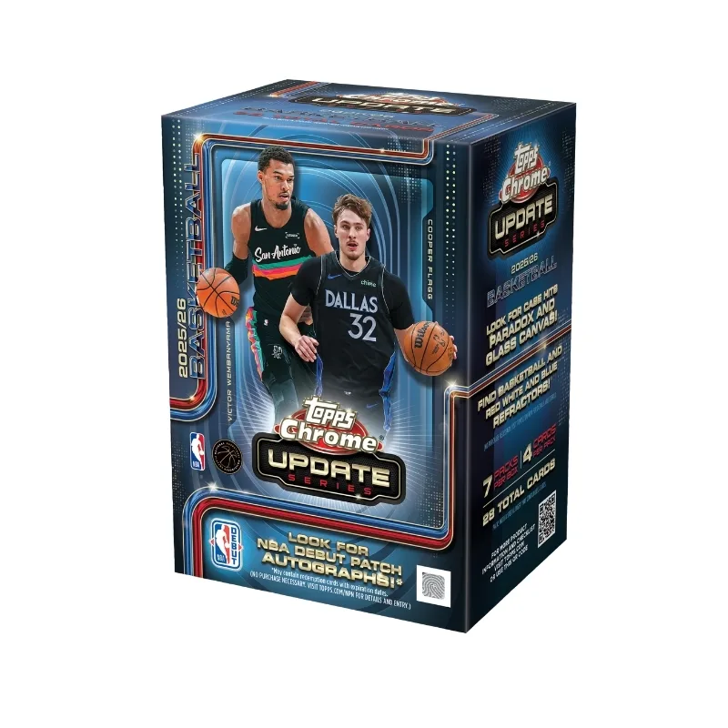 Topps Chrome 2025-26 Updates Basketball Box featuring 7 packs for collectors and basketball enthusiasts.