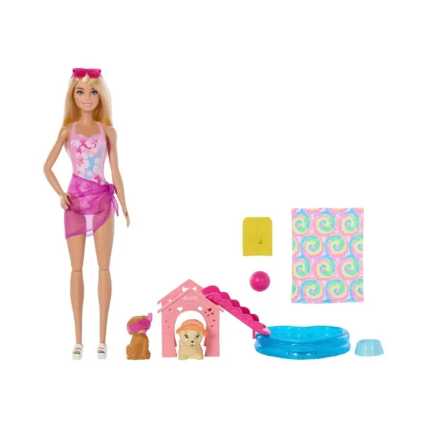 Barbie Puppy Pool Party Playset with Doll 2 Pets & Color-Change Accessories – JBF35