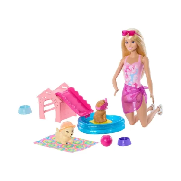 Barbie Puppy Pool Party Playset with Doll 2 Pets & Color-Change Accessories – JBF35