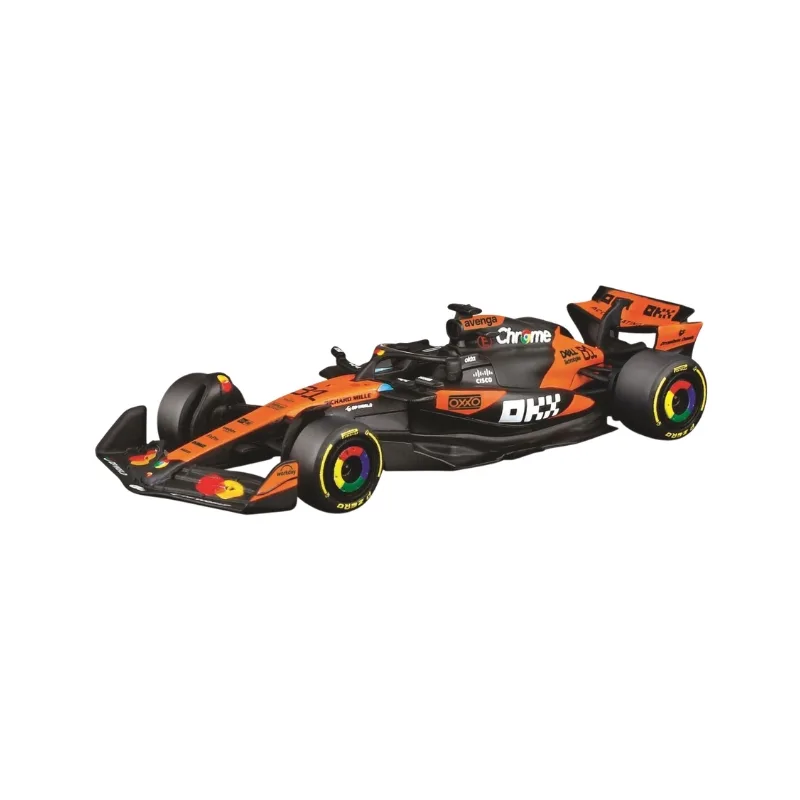 Bburago 1:64 scale model of McLaren MCL39 F1 car, #81 driven by Oscar Piastri, detailed in orange and blue colors.