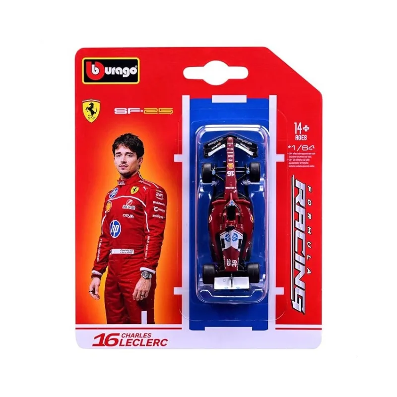 Bburago 1:64 scale model of Ferrari SF-25 #16 driven by Charles Leclerc, showcasing detailed design and vibrant colors.