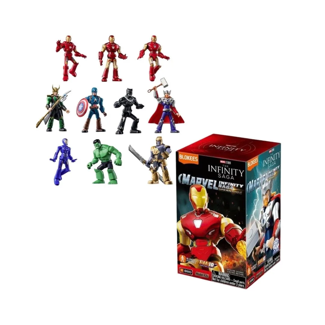 Superhero model building kit from the Marvel Infinity Saga, includes one random character for imaginative building fun.