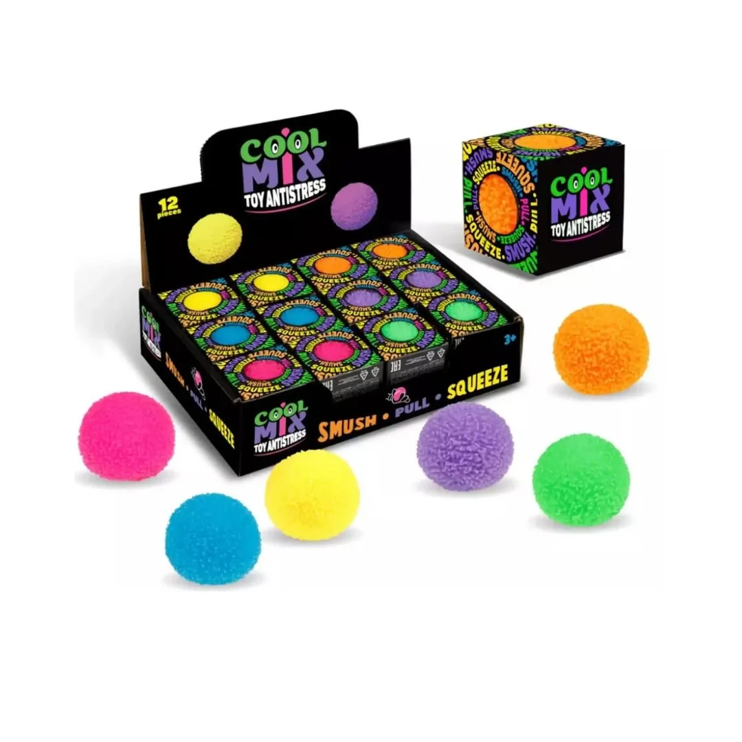 A collection of 6cm Cool Mix Balls featuring a soft, fluffy texture in various bright colors and patterns.