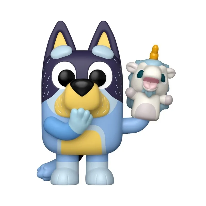 Funko Pop! figure of Bluey character Bandit holding a Unicorse toy, showcasing vibrant colors and playful design.