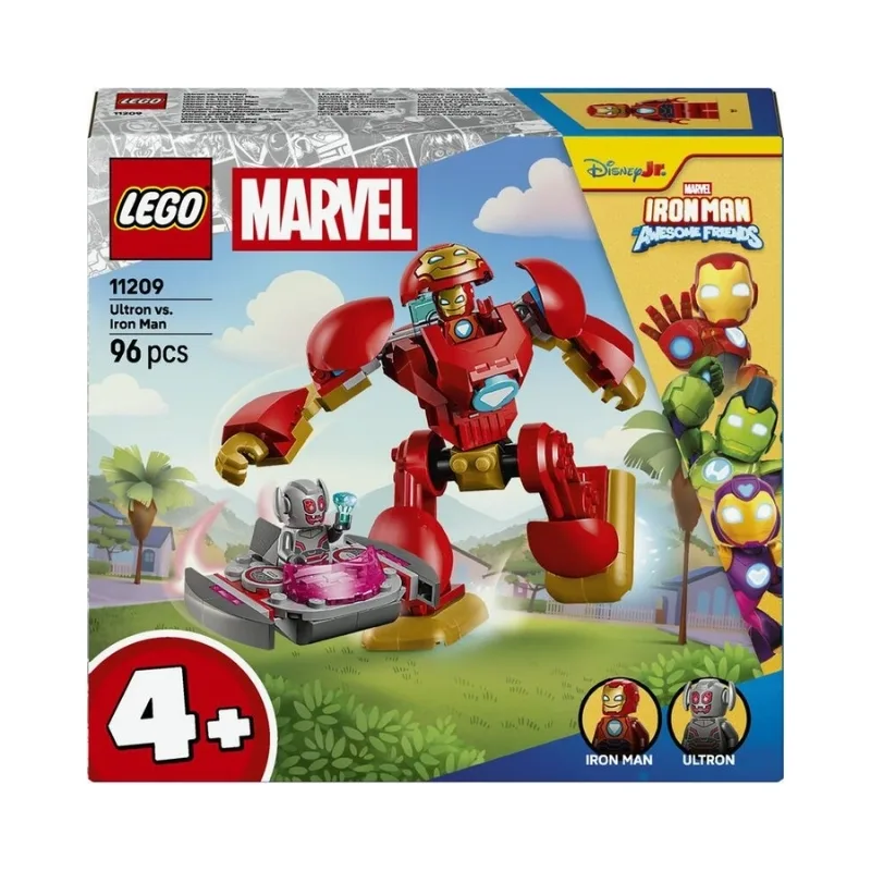 LEGO set featuring Ultron and Iron Man in an action-packed scene, showcasing their iconic designs and vibrant colors.