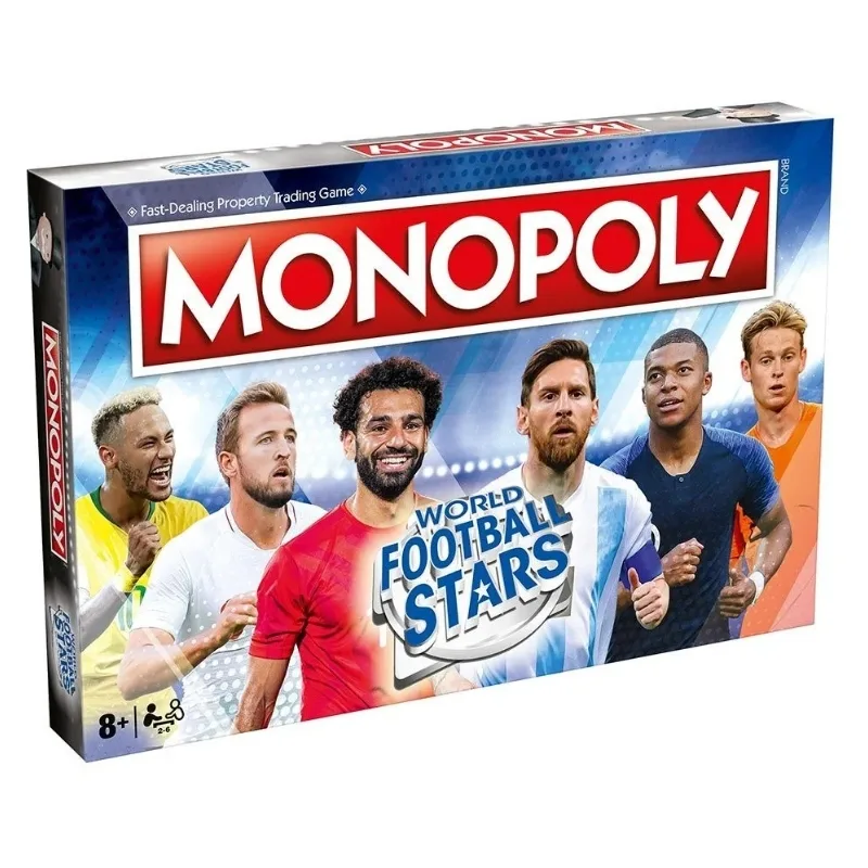Monopoly World Football Stars Edition board game featuring football-themed properties and player tokens.
