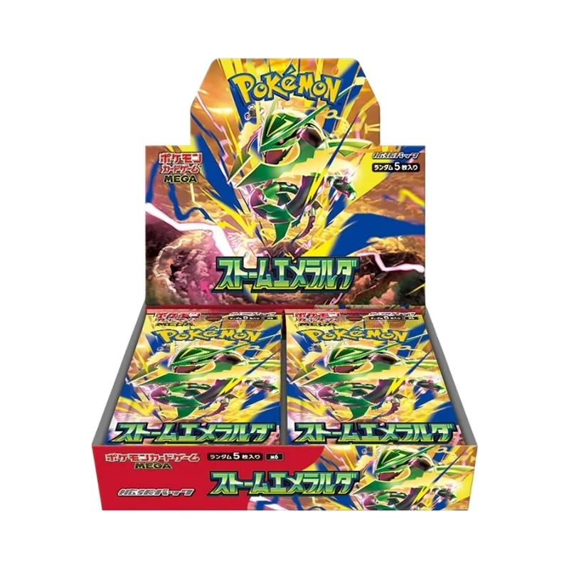 Japanese Pokémon TCG: Storm Emerald booster box featuring vibrant artwork and multiple booster packs inside.
