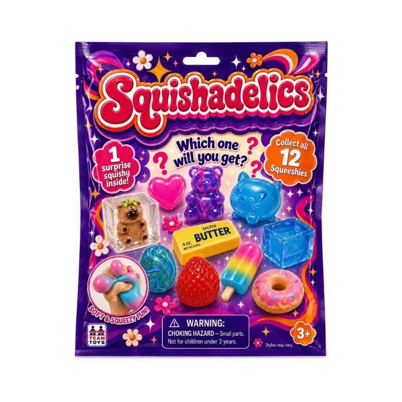 A Squishadelics Series 1 Mystery Pack featuring one squishy figure inside, designed for surprise and collectible fun.