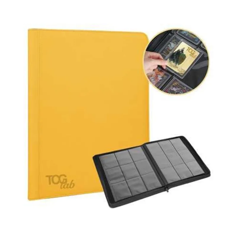 Yellow 9-pocket trading card album with zipper, holds 252 cards, features side loading and acid-free materials for storage.