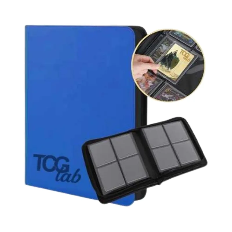 Blue zippered binder for toploaders, holds up to 112 toploaders securely for organized storage.