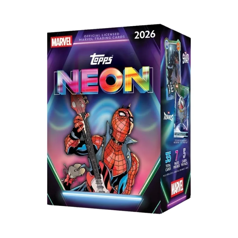 Topps 2026 Neo Marvel Blaster Value Box featuring vibrant superhero artwork and collectible card packs.